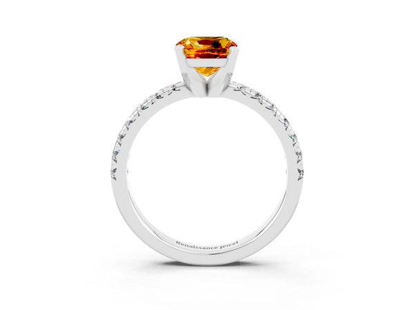 Platinum Cushion Cut Citrine Solitaire Pavé Engagement Ring with Round Band and Prong Setting