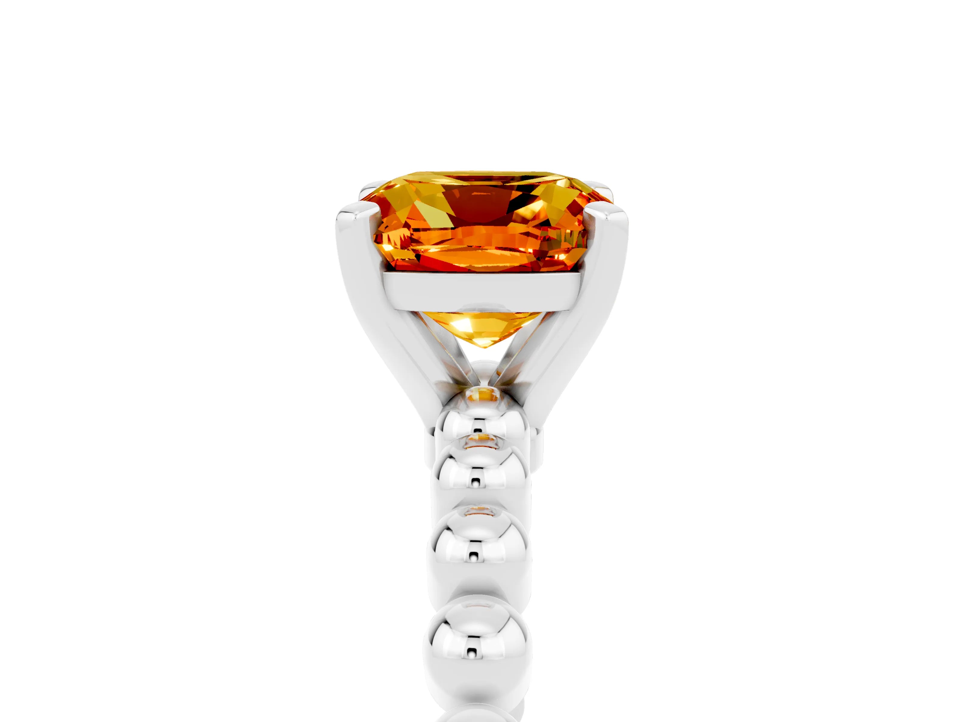 White gold Cushion Cut Citrine Solitaire Ring with Beaded Band and Prong Setting_17