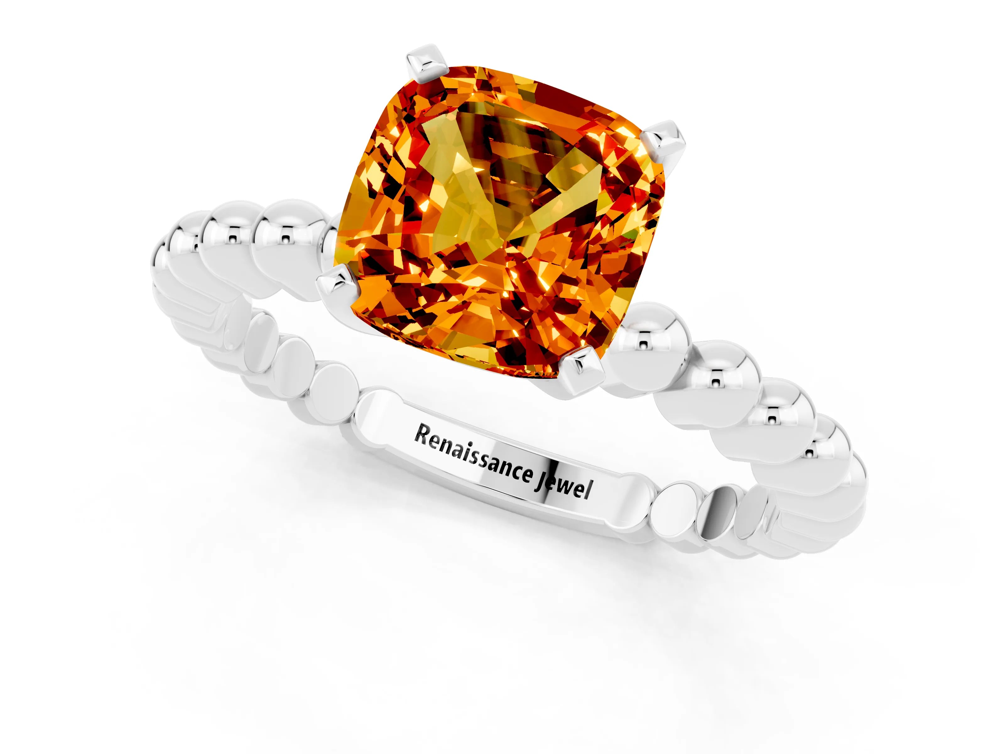 White gold Cushion Cut Citrine Solitaire Ring with Beaded Band and Prong Setting_1