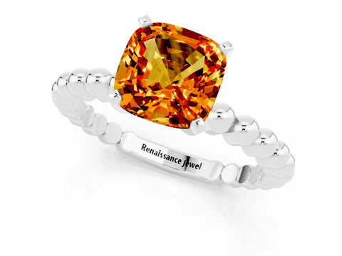 White gold Cushion Cut Citrine Solitaire Ring with Beaded Band and Prong Setting_1