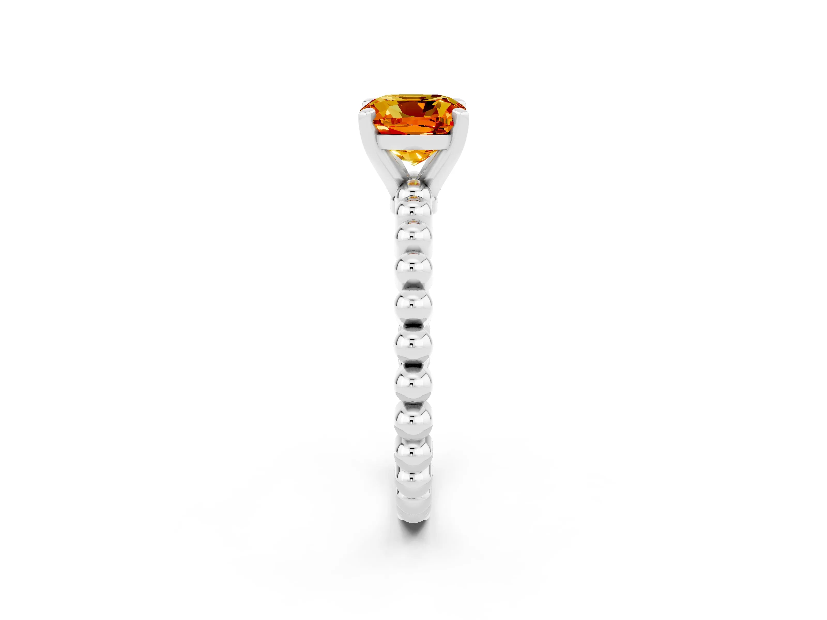 White gold Cushion Cut Citrine Solitaire Ring with Beaded Band and Prong Setting_2