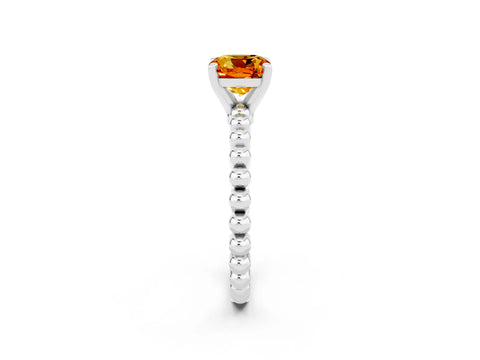 White gold Cushion Cut Citrine Solitaire Ring with Beaded Band and Prong Setting_2
