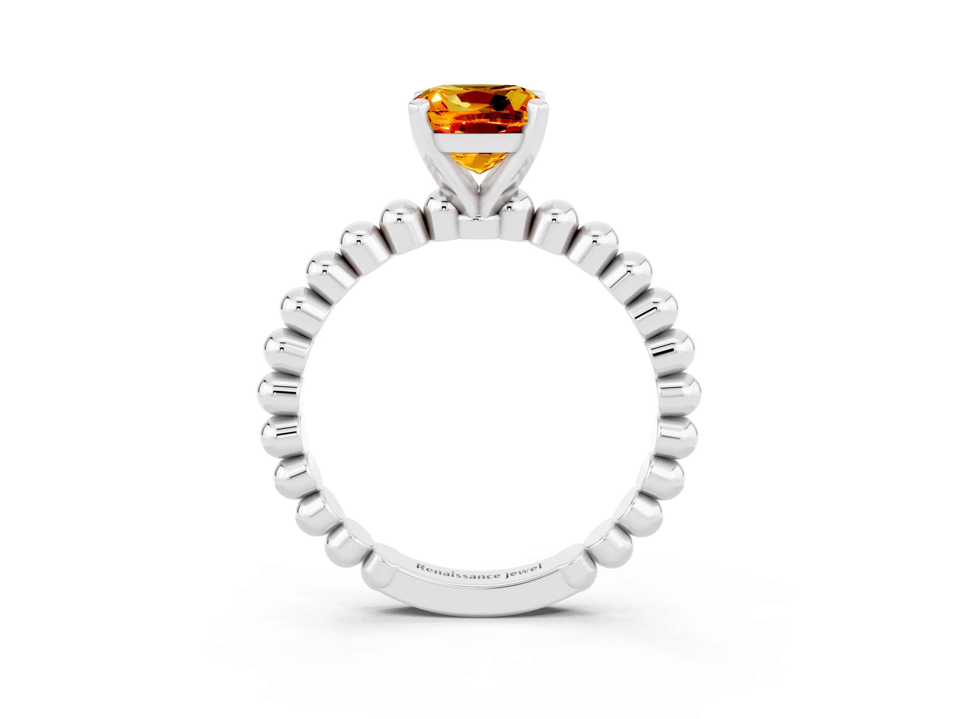 White gold Cushion Cut Citrine Solitaire Ring with Beaded Band and Prong Setting_3