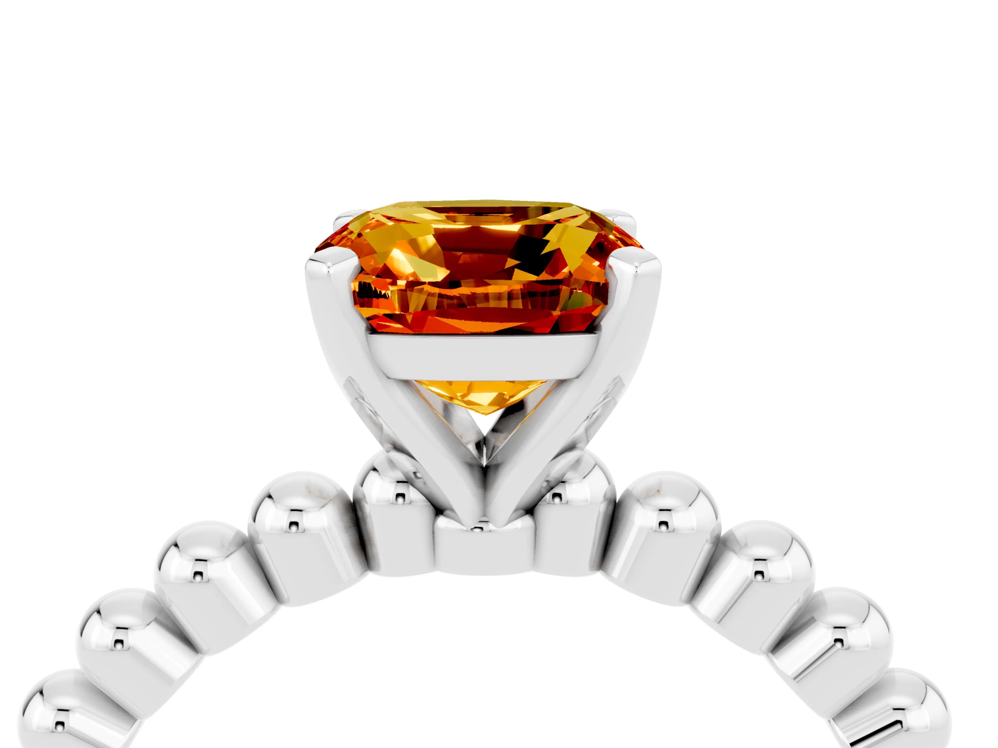 White gold Cushion Cut Citrine Solitaire Ring with Beaded Band and Prong Setting_4