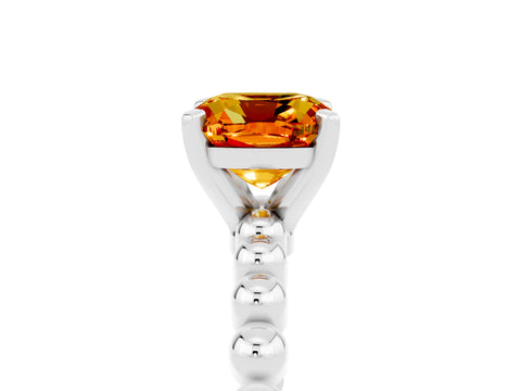 White gold Cushion Cut Citrine Solitaire Ring with Beaded Band and Prong Setting_5