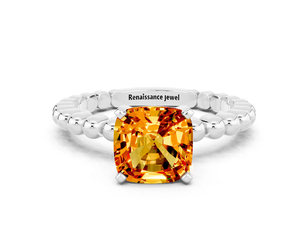 Silver Cushion Cut Citrine Solitaire Ring with Beaded Band and Prong Setting