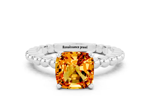 White gold Cushion Cut Citrine Solitaire Ring with Beaded Band and Prong Setting