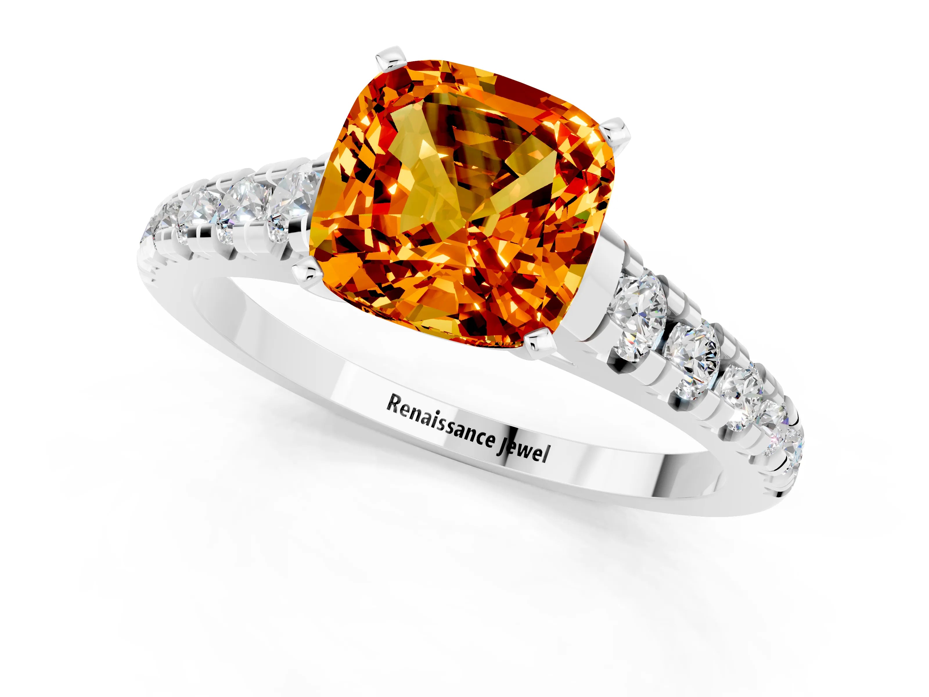 White gold Cushion Cut Citrine Solitaire Ring with Cathedral Setting and Pavé Band_1