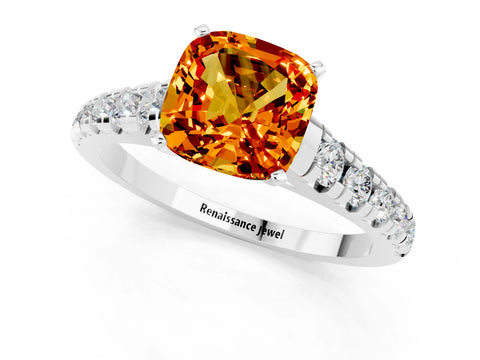 White gold Cushion Cut Citrine Solitaire Ring with Cathedral Setting and Pavé Band_1