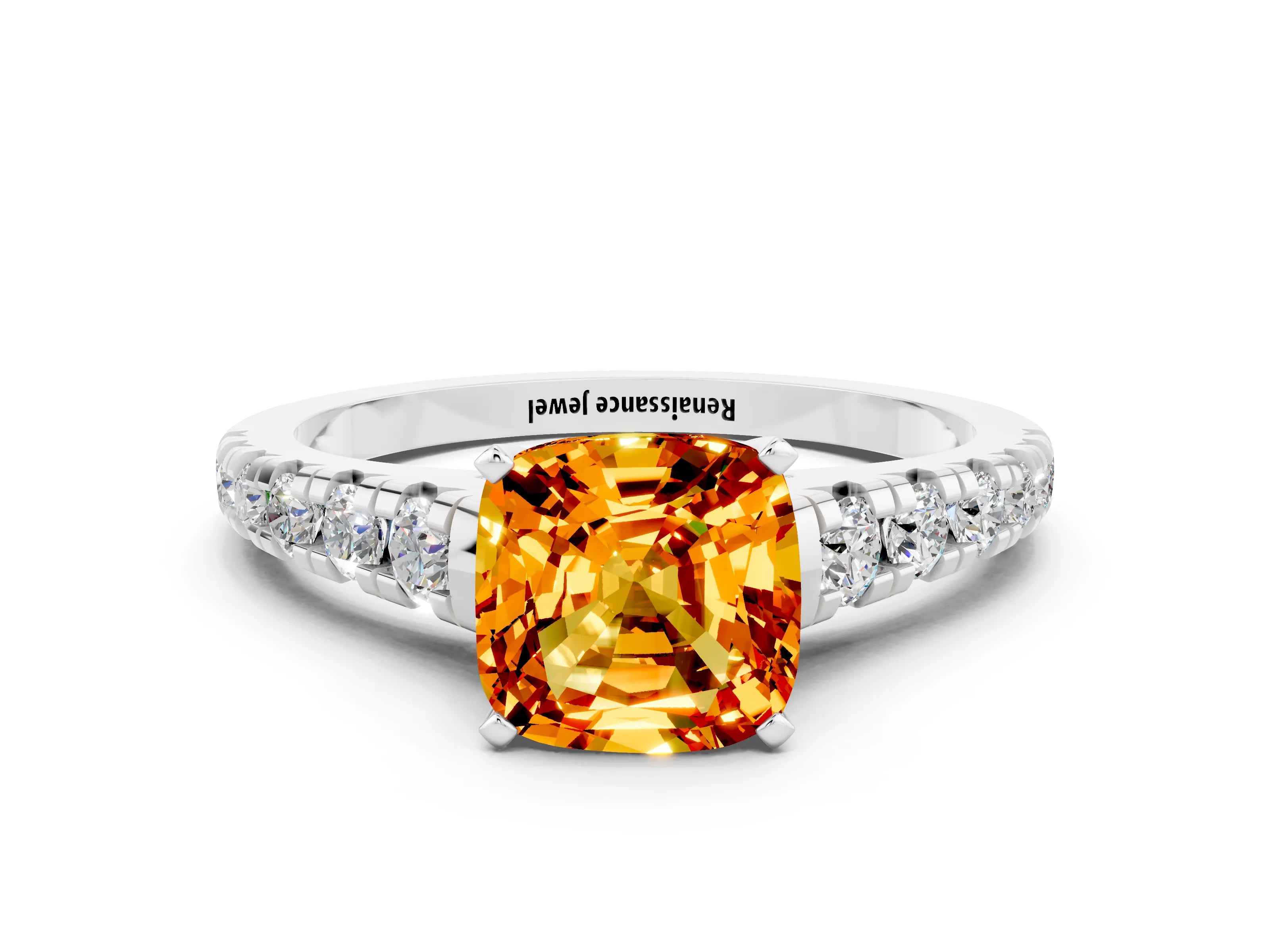 White gold Cushion Cut Citrine Solitaire Ring with Cathedral Setting and Pavé Band