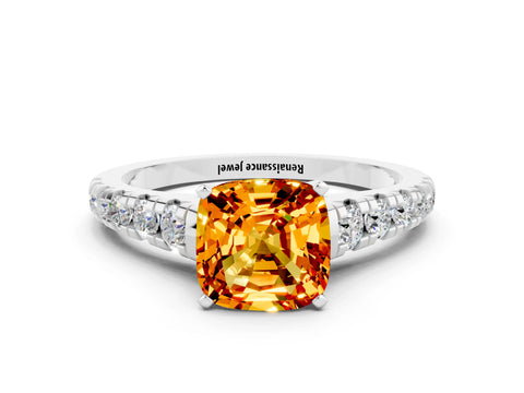 White gold Cushion Cut Citrine Solitaire Ring with Cathedral Setting and Pavé Band
