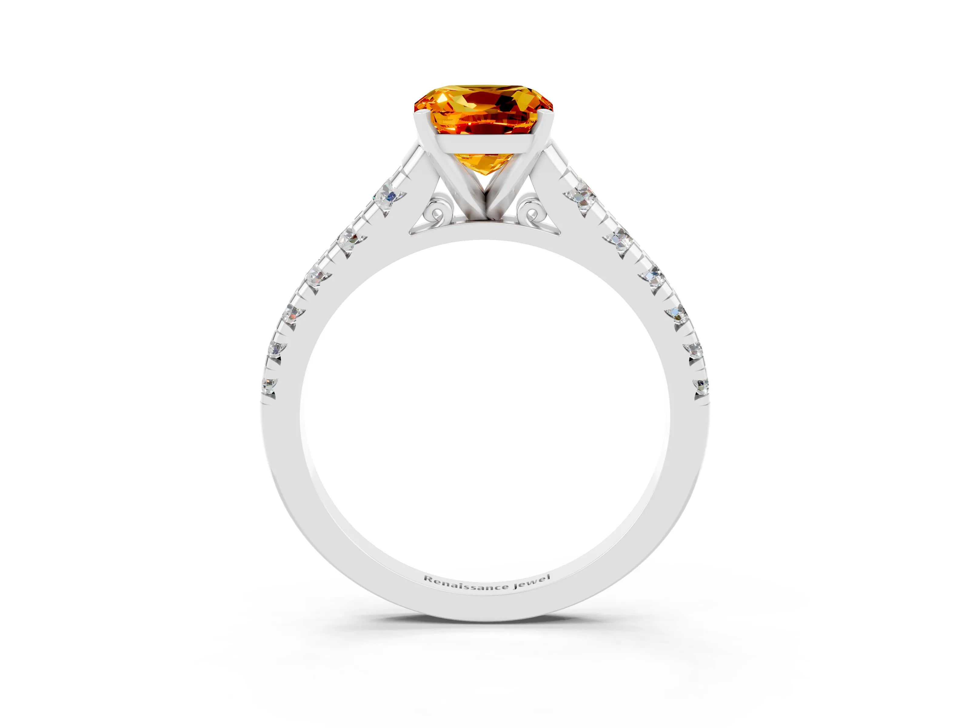 White gold Cushion Cut Citrine Solitaire Ring with Cathedral Setting and Pavé Band_3