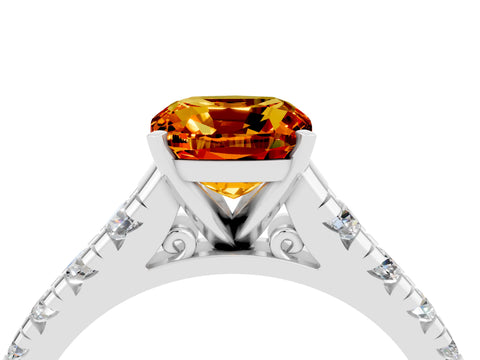 White gold Cushion Cut Citrine Solitaire Ring with Cathedral Setting and Pavé Band_4
