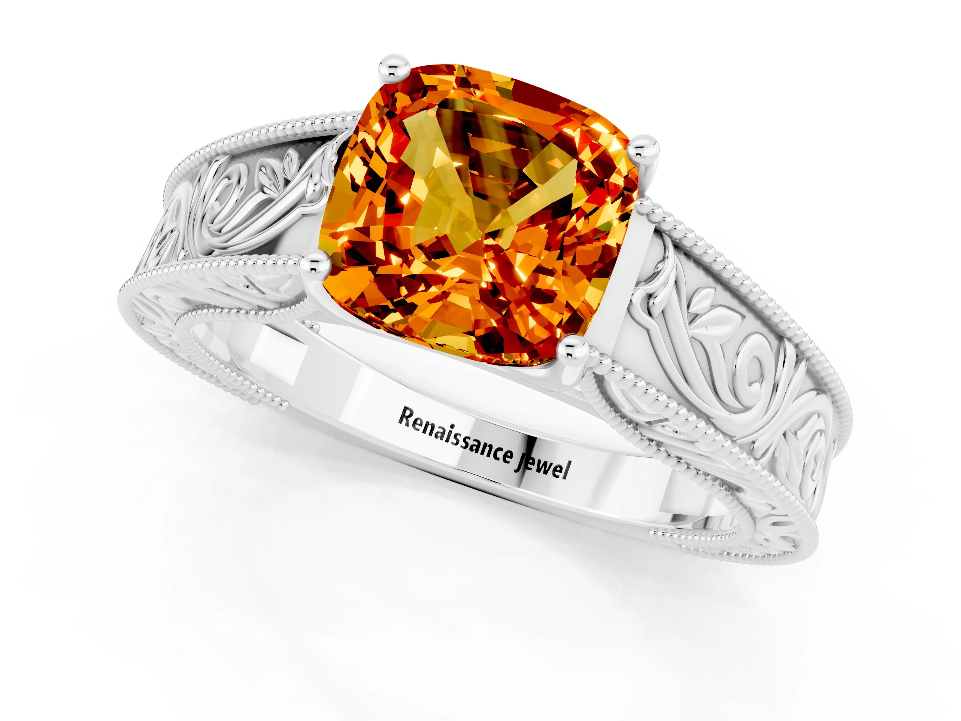 White gold Cushion Cut Citrine Solitaire Ring with Engraved Band and Four-Prong Setting_1