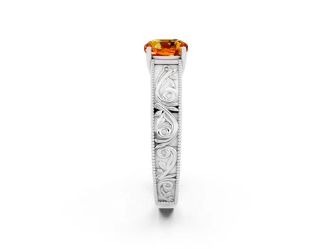 White gold Cushion Cut Citrine Solitaire Ring with Engraved Band and Four-Prong Setting_2