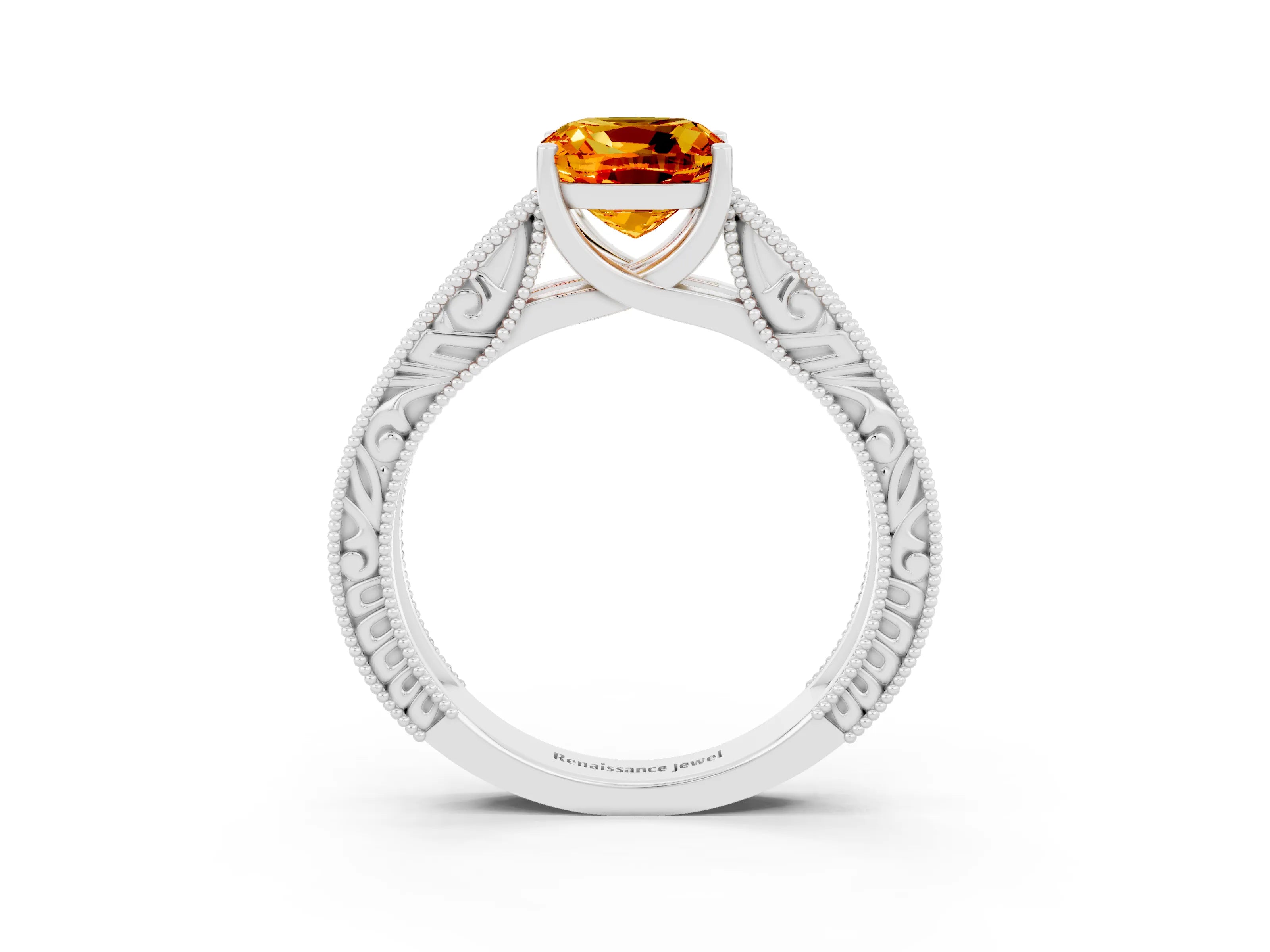 White gold Cushion Cut Citrine Solitaire Ring with Engraved Band and Four-Prong Setting_3