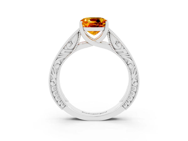 White gold Cushion Cut Citrine Solitaire Ring with Engraved Band and Four-Prong Setting