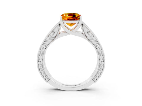 White gold Cushion Cut Citrine Solitaire Ring with Engraved Band and Four-Prong Setting_3