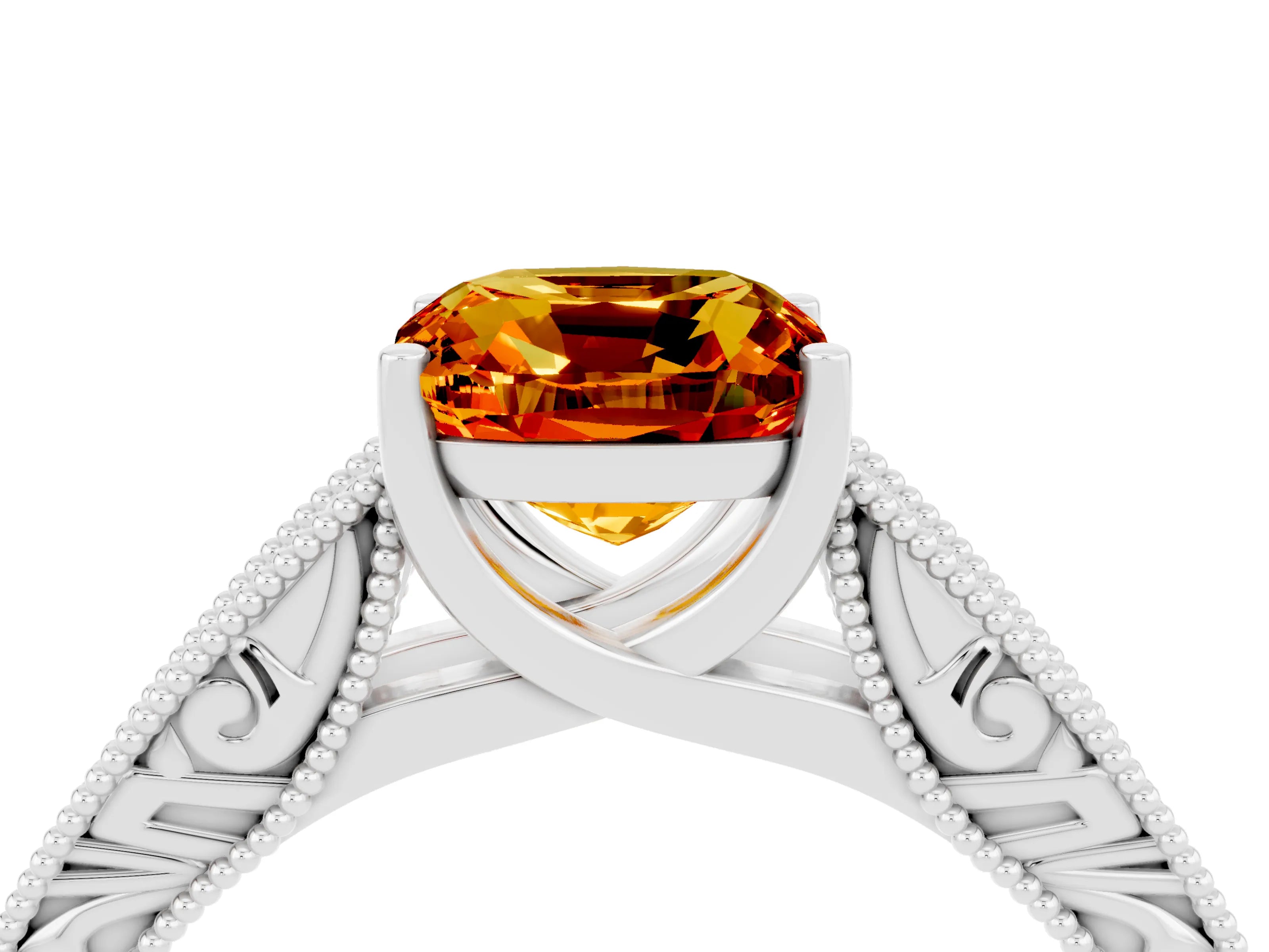 White gold Cushion Cut Citrine Solitaire Ring with Engraved Band and Four-Prong Setting_4