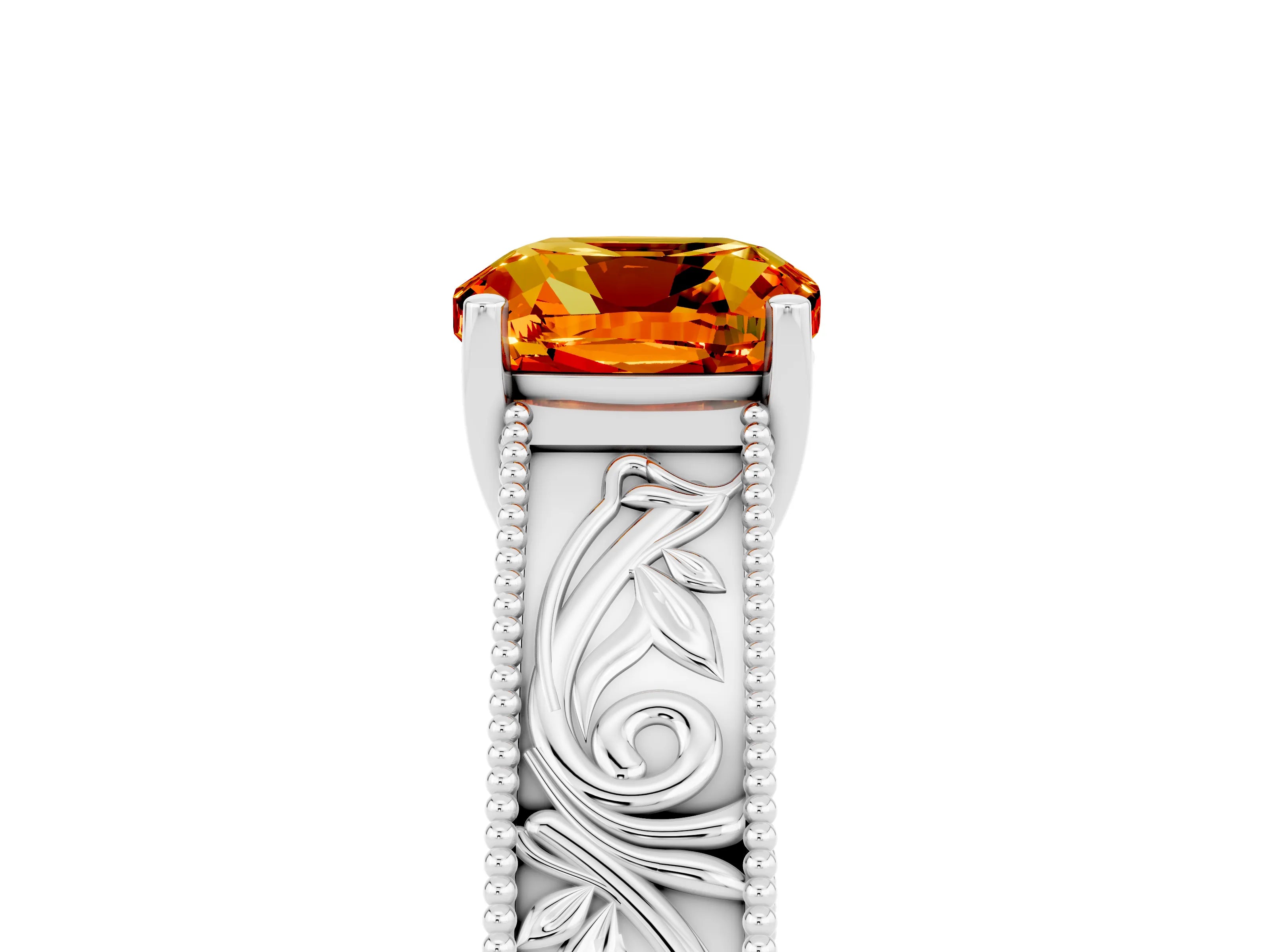 White gold Cushion Cut Citrine Solitaire Ring with Engraved Band and Four-Prong Setting_5