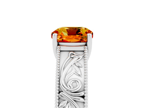 White gold Cushion Cut Citrine Solitaire Ring with Engraved Band and Four-Prong Setting_5
