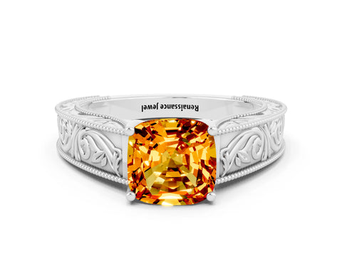 White gold Cushion Cut Citrine Solitaire Ring with Engraved Band and Four-Prong Setting