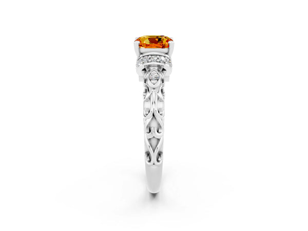 White gold Cushion Cut Citrine Solitaire Ring with Filigree Band and Four-Prong Setting