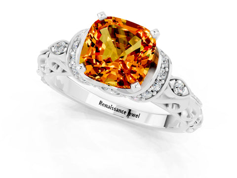 White gold Cushion Cut Citrine Solitaire Ring with Filigree Band and Four-Prong Setting_67