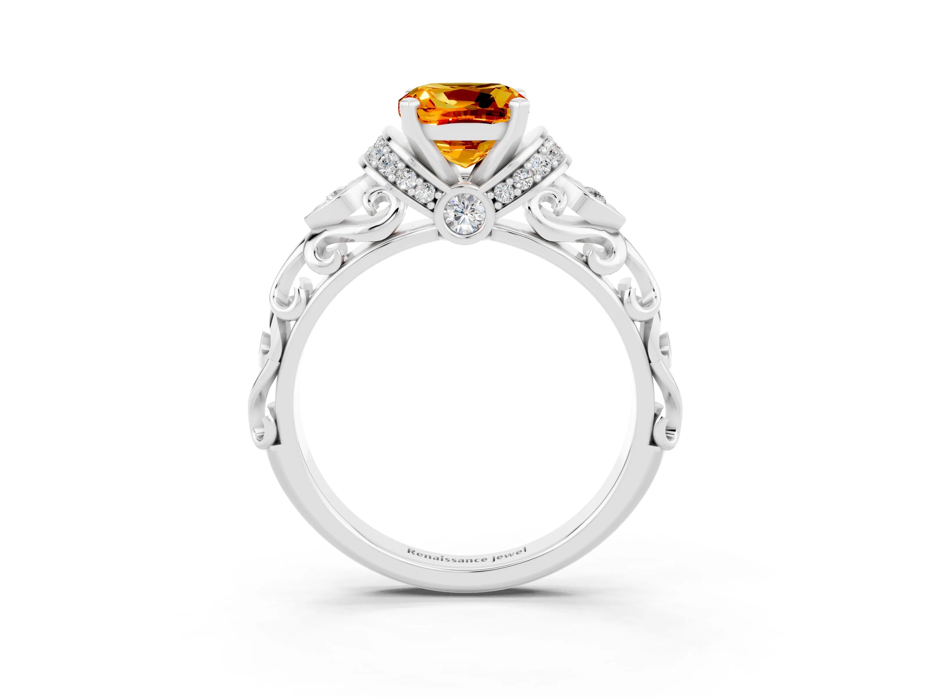 White gold Cushion Cut Citrine Solitaire Ring with Filigree Band and Four-Prong Setting_69
