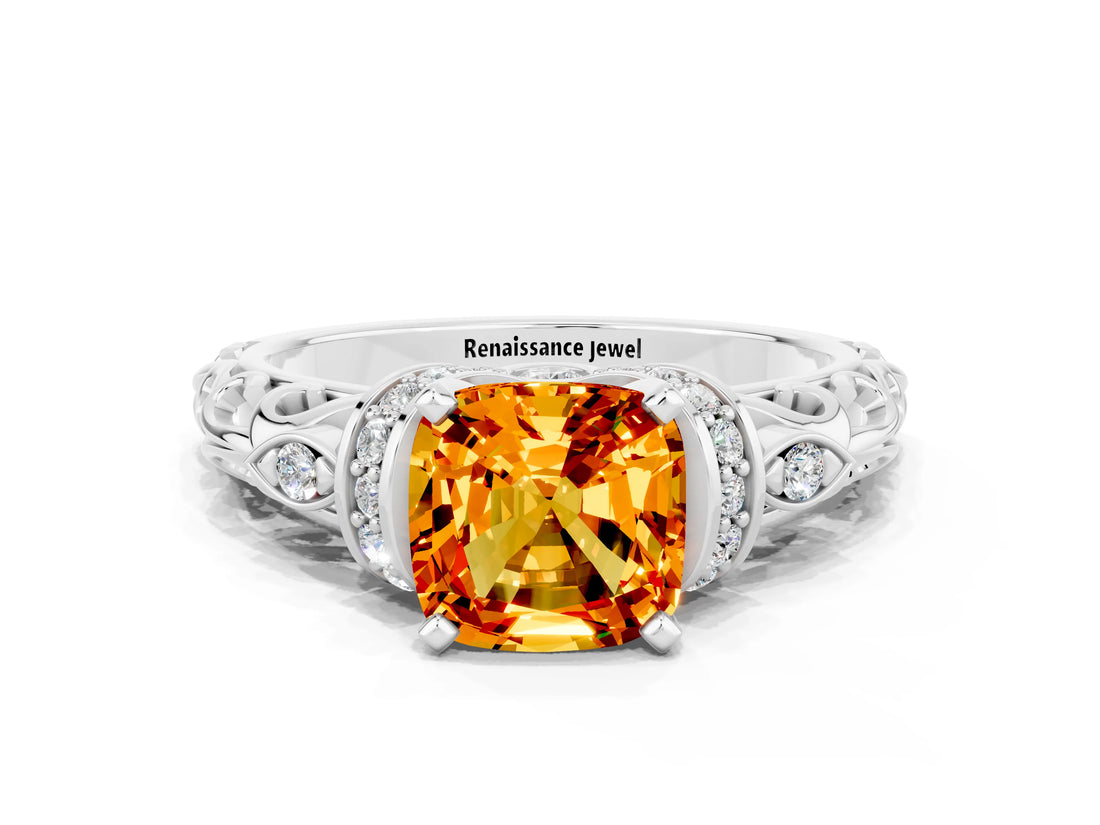 White gold Cushion Cut Citrine Solitaire Ring with Filigree Band and Four-Prong Setting_72
