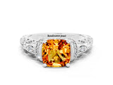 White gold Cushion Cut Citrine Solitaire Ring with Filigree Band and Four-Prong Setting_72