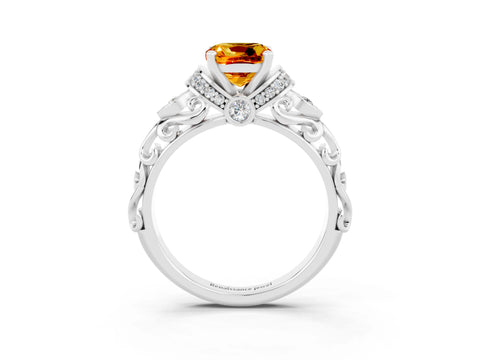 White gold Cushion Cut Citrine Solitaire Ring with Filigree Band and Four-Prong Setting_75
