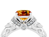 White gold Cushion Cut Citrine Solitaire Ring with Filigree Band and Four-Prong Setting_76