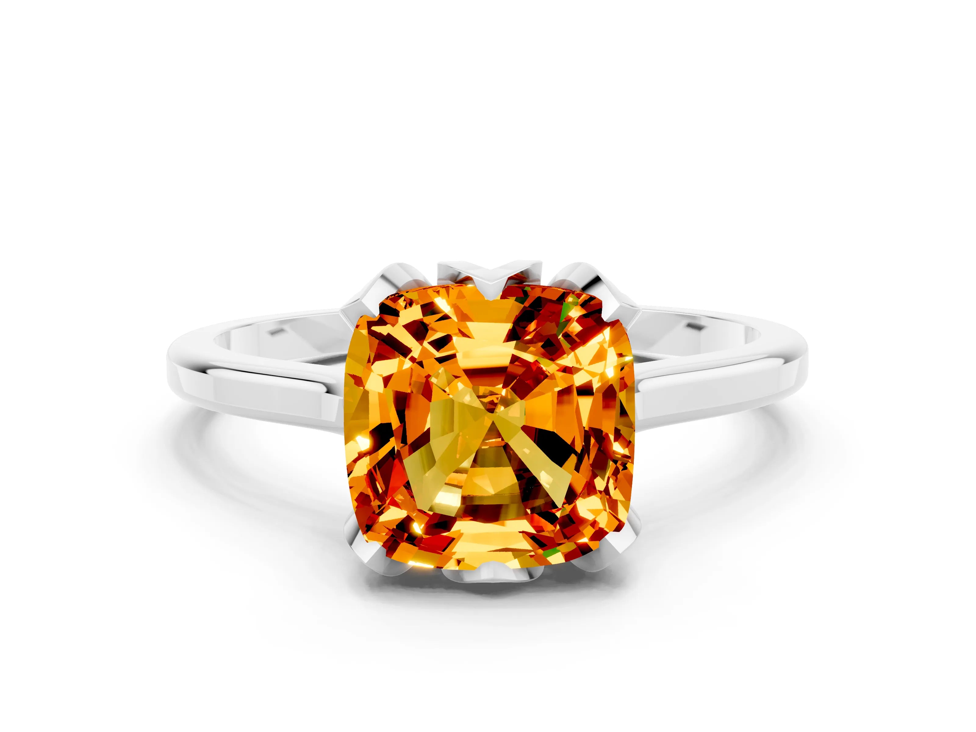 White gold Cushion Cut Citrine Solitaire Ring with Flower Prong Setting and Classic Band_12
