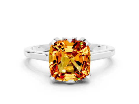White gold Cushion Cut Citrine Solitaire Ring with Flower Prong Setting and Classic Band_12