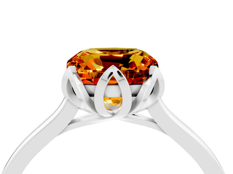 White gold Cushion Cut Citrine Solitaire Ring with Flower Prong Setting and Classic Band_16