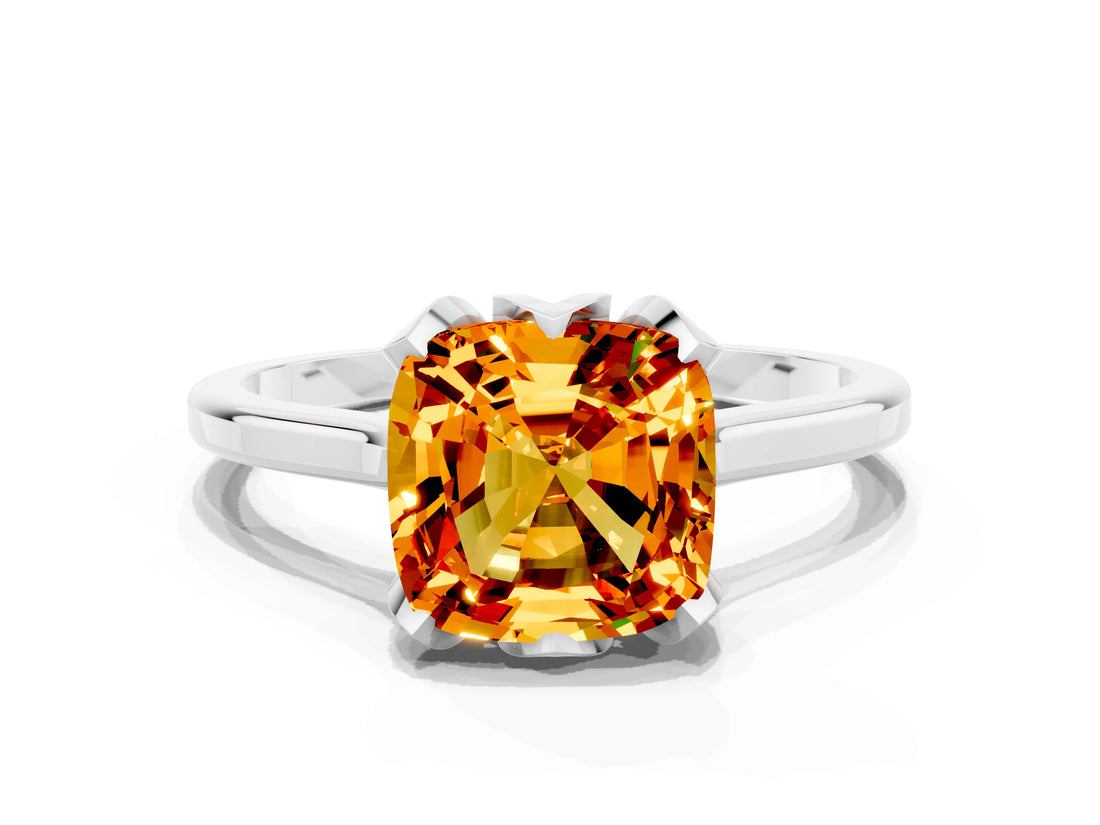 White gold Cushion Cut Citrine Solitaire Ring with Flower Prong Setting and Classic Band_24