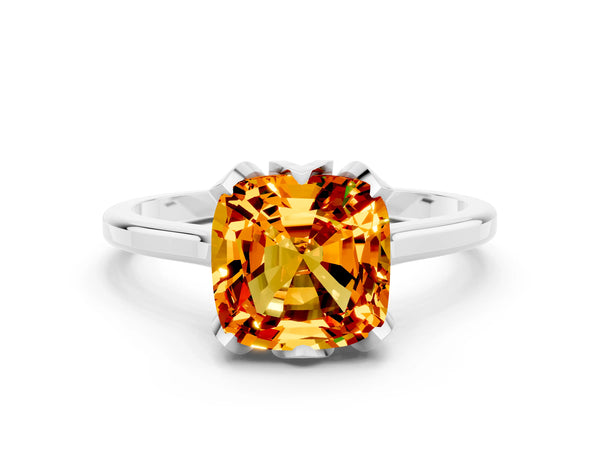 White gold Cushion Cut Citrine Solitaire Ring with Flower Prong Setting and Classic Band