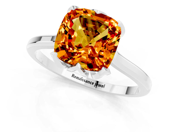 White gold Cushion Cut Citrine Solitaire Ring with Flower Prong Setting and Classic Band