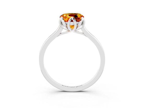 White gold Cushion Cut Citrine Solitaire Ring with Flower Prong Setting and Classic Band