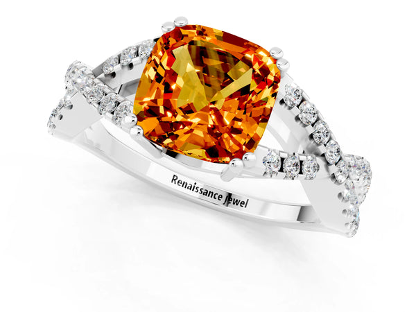 Platinum Cushion Cut Citrine Solitaire Ring with Four-Prong Setting and Twisted Pavé Band