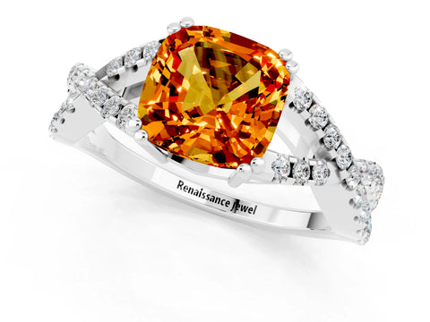 White gold Cushion Cut Citrine Solitaire Ring with Four-Prong Setting and Twisted Pavé Band_1