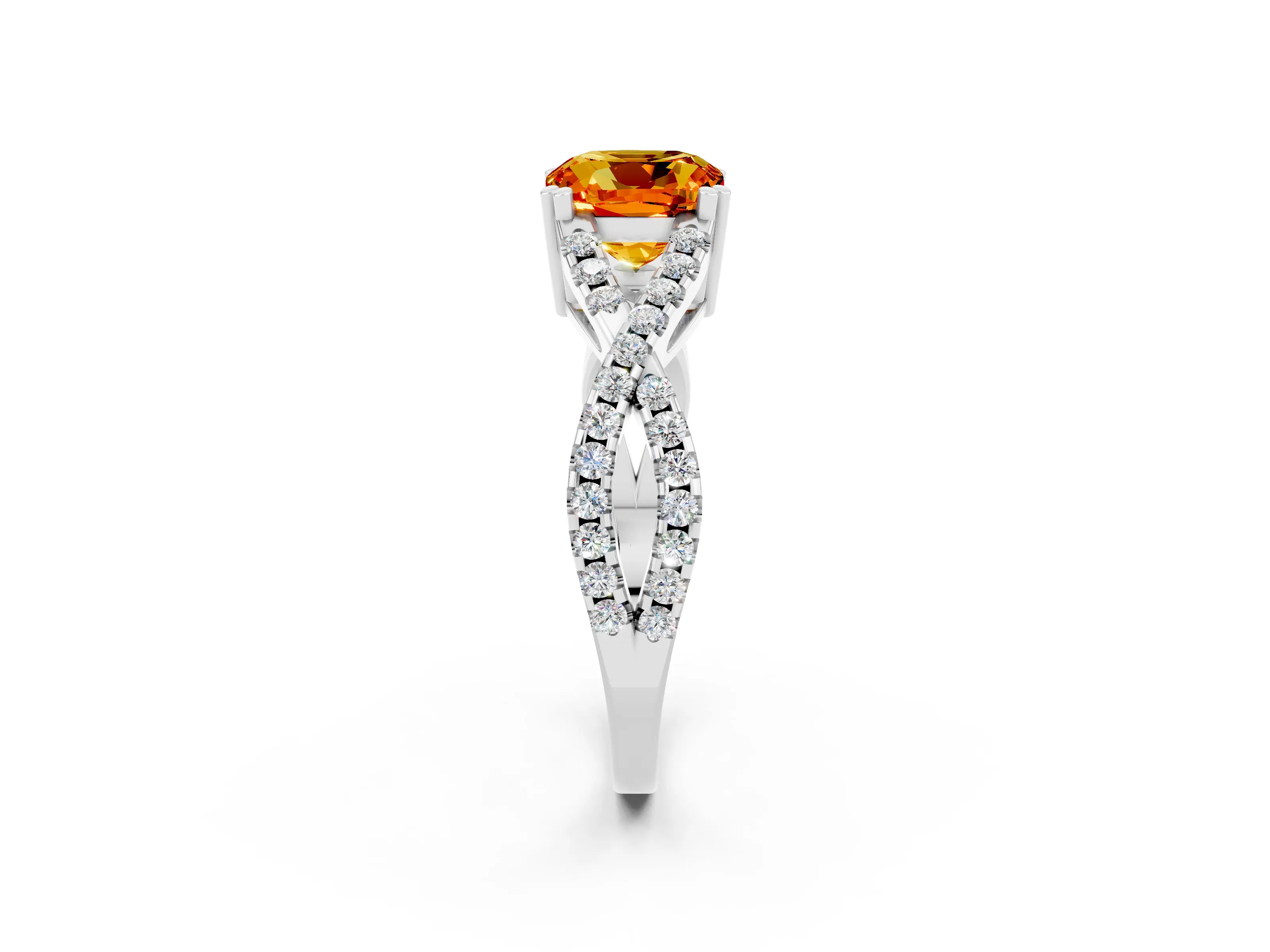 White gold Cushion Cut Citrine Solitaire Ring with Four-Prong Setting and Twisted Pavé Band_2
