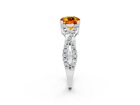 White gold Cushion Cut Citrine Solitaire Ring with Four-Prong Setting and Twisted Pavé Band_2