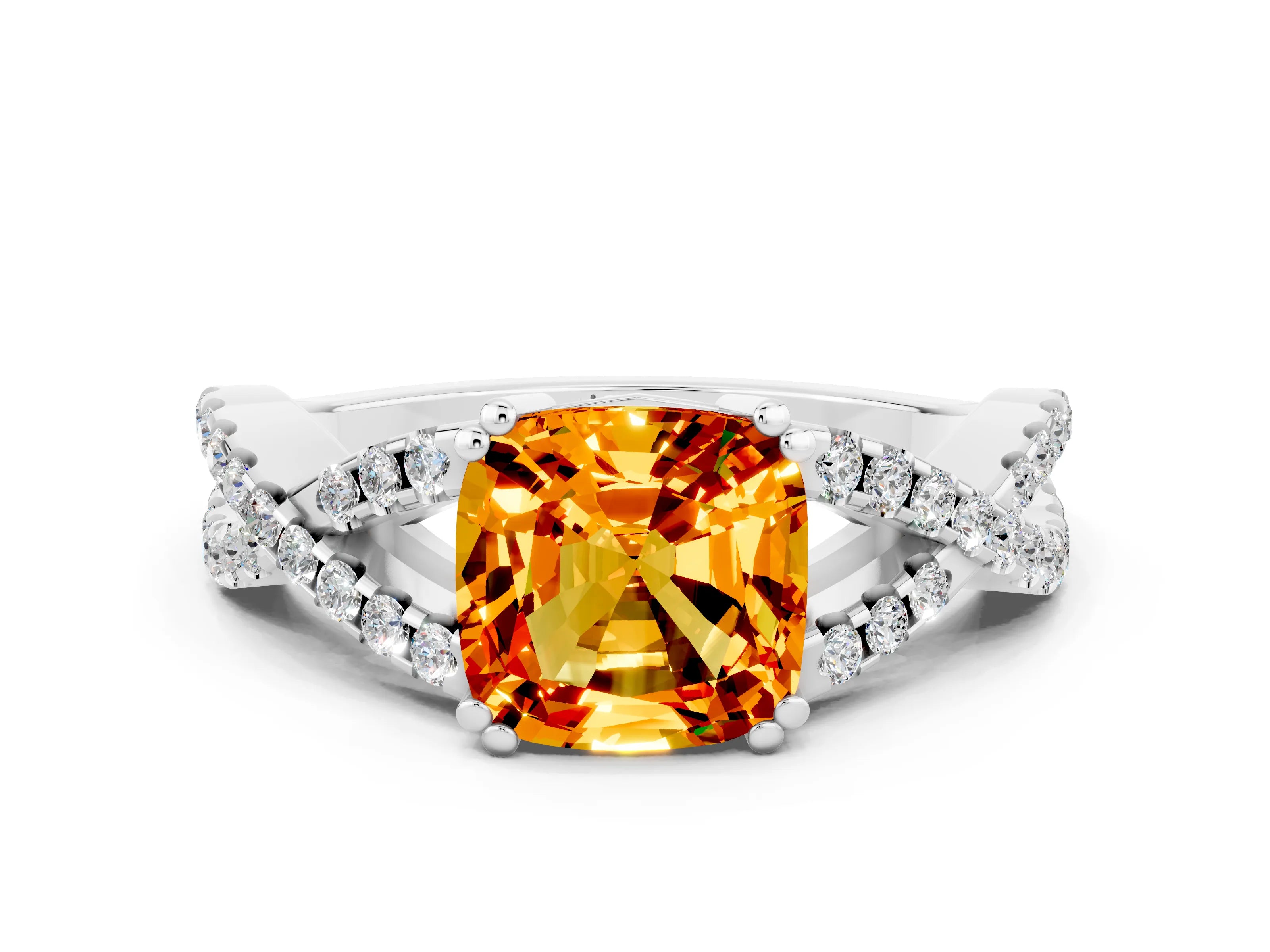 White gold Cushion Cut Citrine Solitaire Ring with Four-Prong Setting and Twisted Pavé Band
