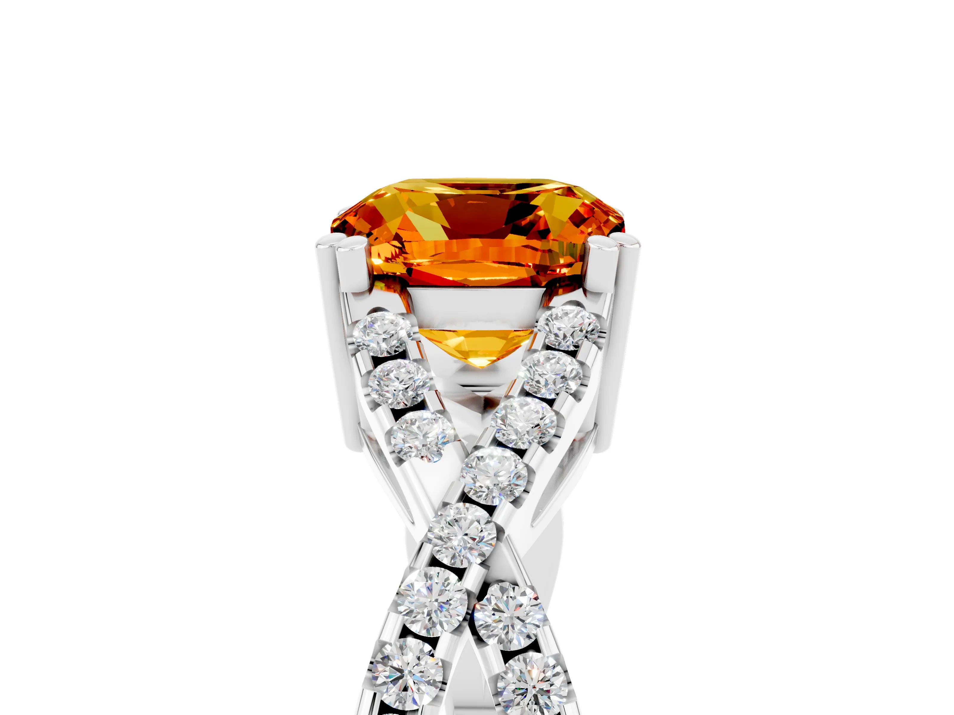 White gold Cushion Cut Citrine Solitaire Ring with Four-Prong Setting and Twisted Pavé Band_5
