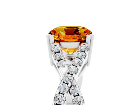 White gold Cushion Cut Citrine Solitaire Ring with Four-Prong Setting and Twisted Pavé Band_5