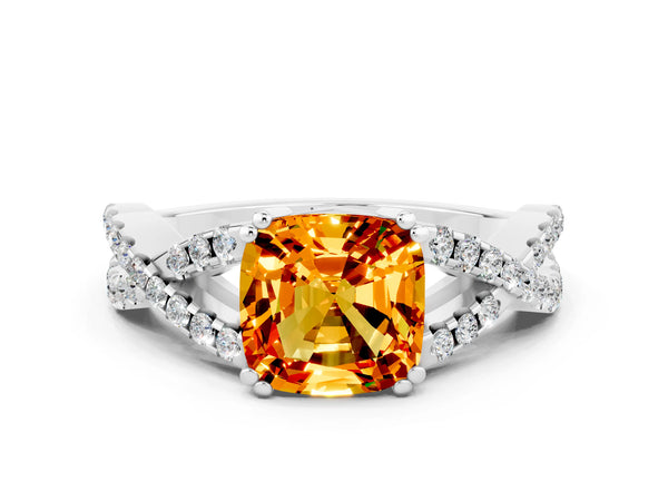 Silver Cushion Cut Citrine Solitaire Ring with Four-Prong Setting and Twisted Pavé Band