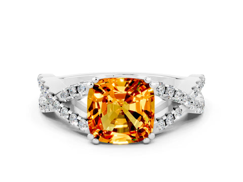 White gold Cushion Cut Citrine Solitaire Ring with Four-Prong Setting and Twisted Pavé Band