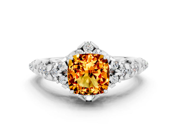 White gold Cushion Cut Citrine Solitaire Ring with Hidden Halo and Pavé Band